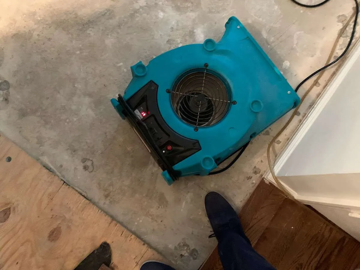 Air mover drying subfloor during Commercial Water Damage Restoration in Jeannette